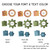 Happy Camper STEM gears and notes in sample fonts with black, white, or color text