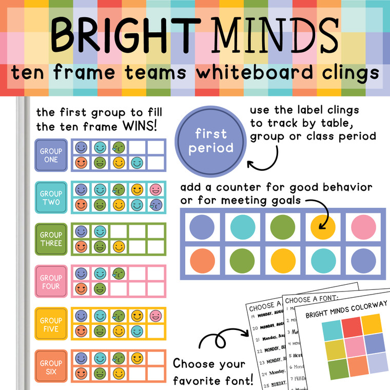 Bright Minds Ten Frame Teams behavior clings tracking points for six groups on a whiteboard
