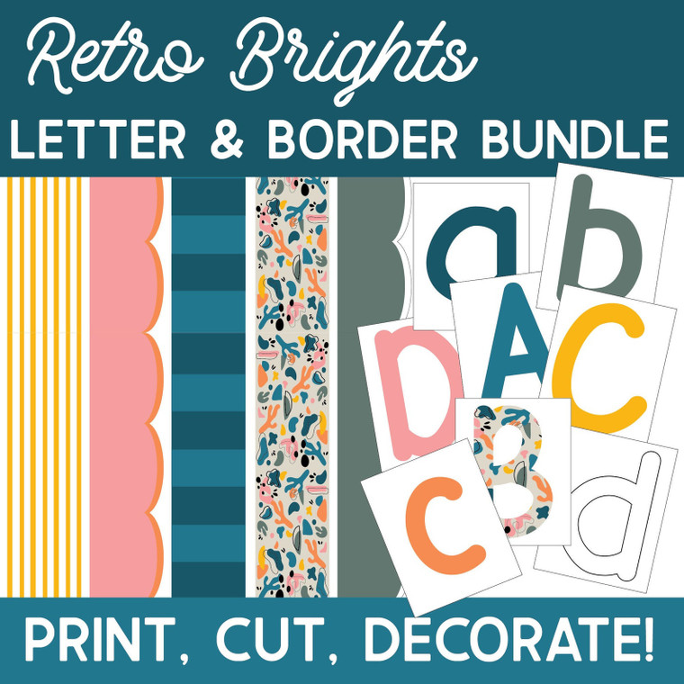 Retro Brights printable letter and border bundle with striped and scalloped borders and bright letters