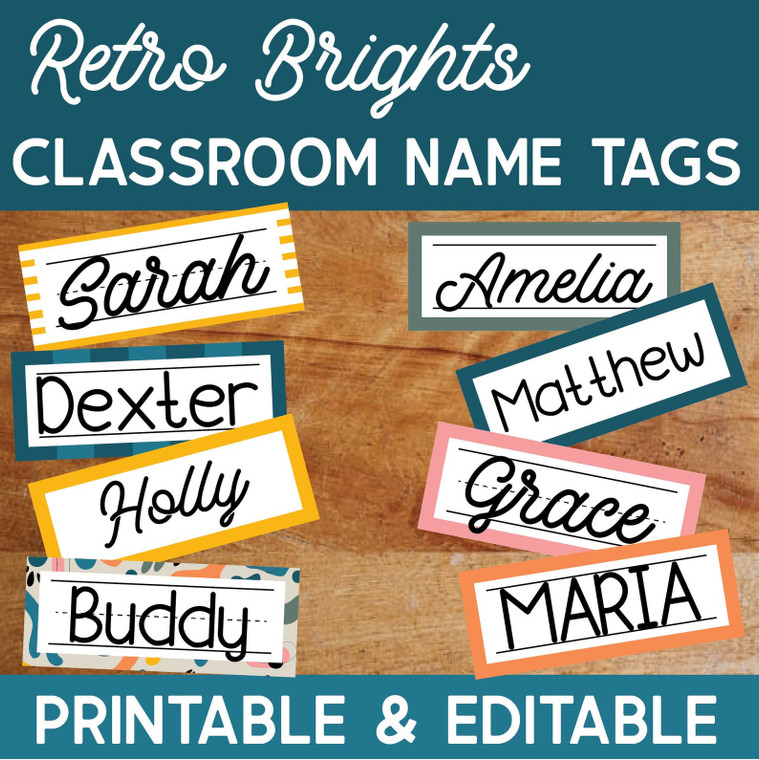 Retro Brights editable classroom name tags in bright colors on a wood desk