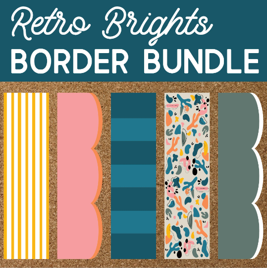 Retro Brights printable border bundle with five striped, scalloped, and retro print designs