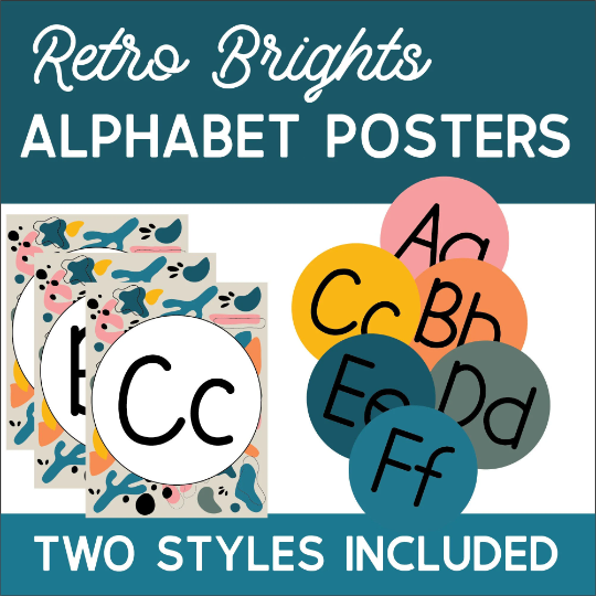 Retro Brights printable alphabet posters in two styles, full-page letters and letter dots