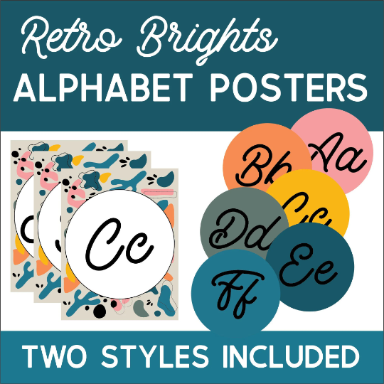 Retro Brights printable cursive alphabet posters in two styles