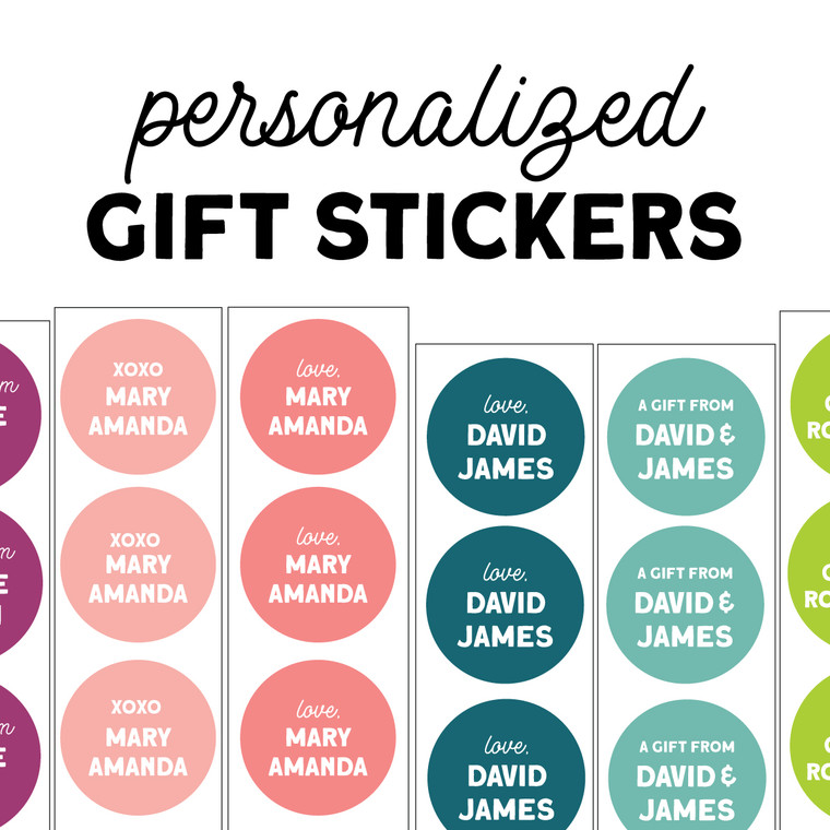 Sheets of round personalized gift stickers in solid colors
