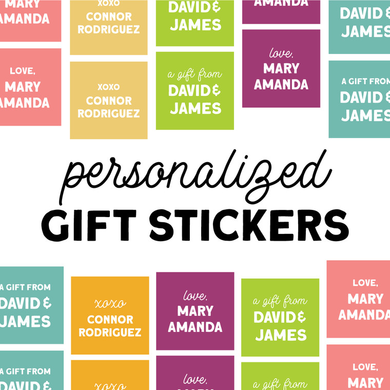 Square personalized gift stickers in solid colors