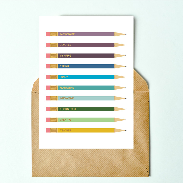 Printable teacher appreciation card with a colorful pencil design in a kraft envelope