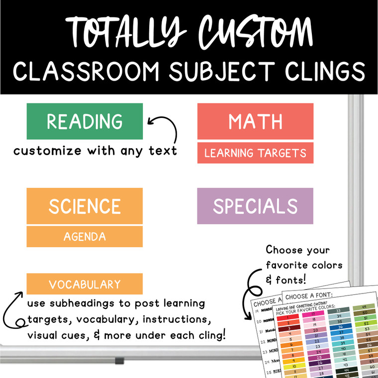 Totally custom classroom subject clings with Reading, Math, Science, and Specials headers and subheaders