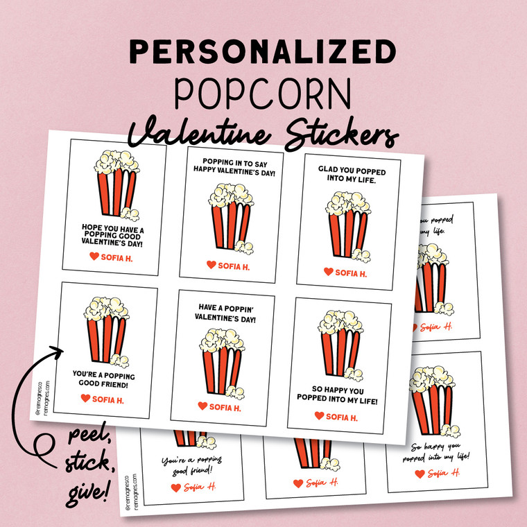 Sheets of personalized popcorn Valentine stickers
