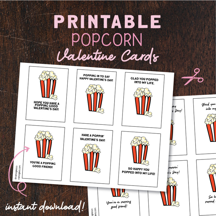 Printable popcorn Valentine cards with six designs on a sheet