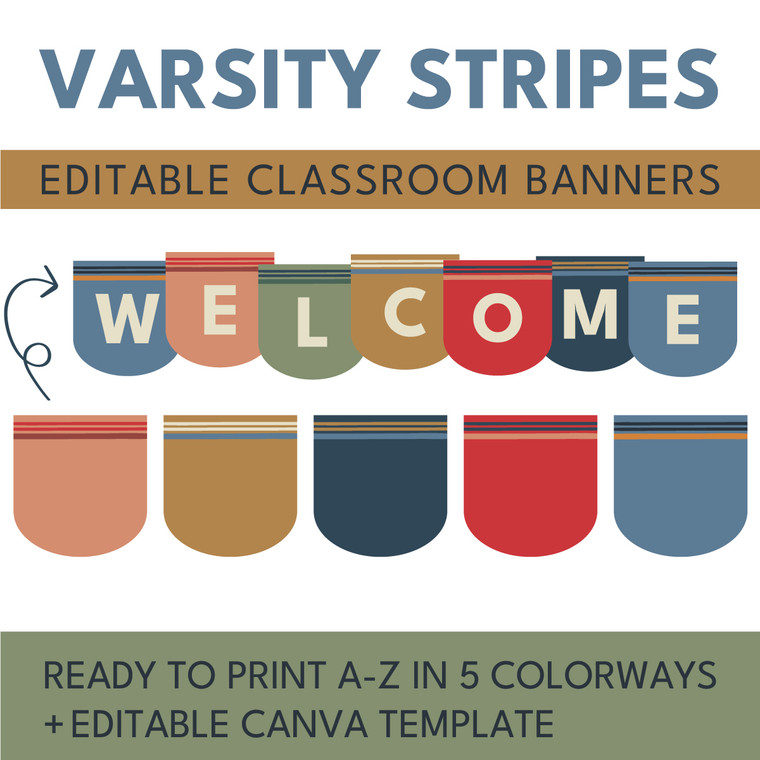 Varsity Stripes printable WELCOME classroom banner in pennant bunting