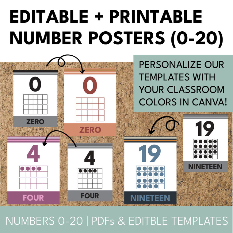 Editable and printable number posters 0 to 20 with ten frames, customizable in Canva