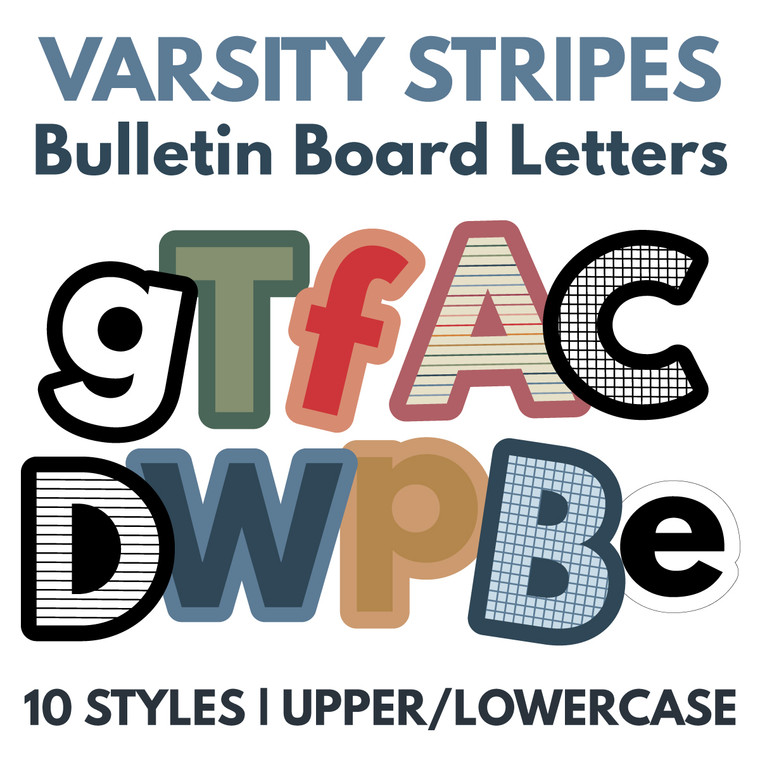 Varsity Stripes printable bulletin board letters in 10 styles with capital and lowercase letters