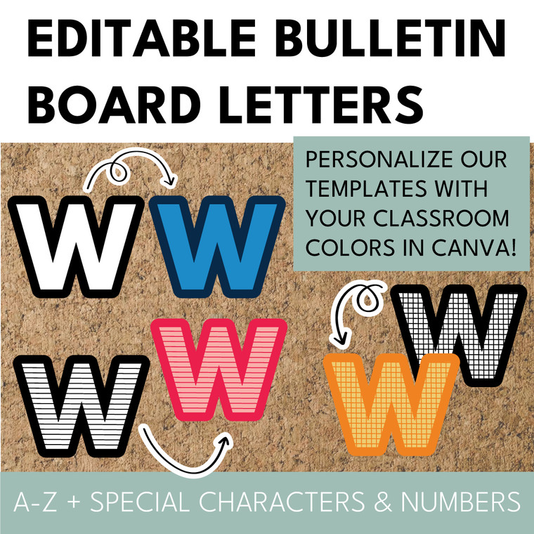 Editable bulletin board letters in Canva shown in blue, pink, and orange