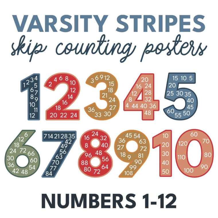 Varsity Stripes printable skip counting posters for numbers 1 to 12