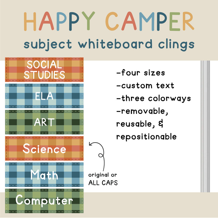 Happy Camper gingham subject clings in blue, green, and orange for Social Studies, Art, and Math