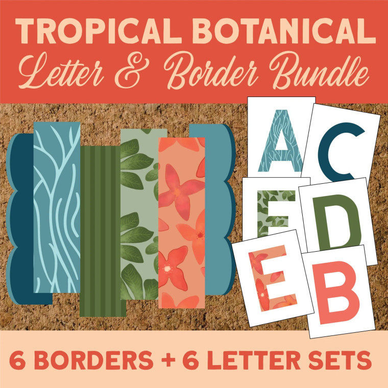 Tropical Botanical printable letter and border bundle with six borders and six letter sets