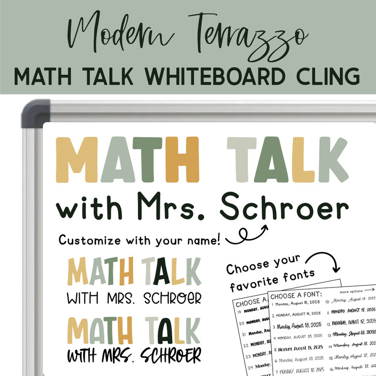 Modern Terrazzo Math Talk whiteboard cling on a whiteboard