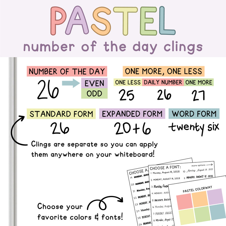 Pastel Number of the Day whiteboard clings on a whiteboard