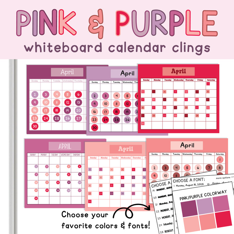 Pink and Purple whiteboard cling calendar sets for the classroom