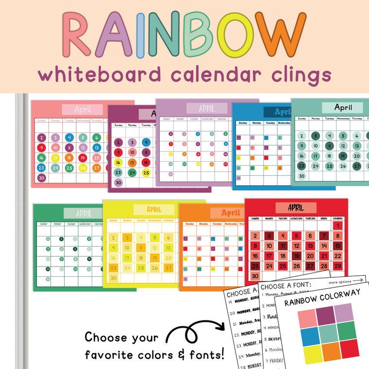 Rainbow whiteboard cling calendar sets for the classroom