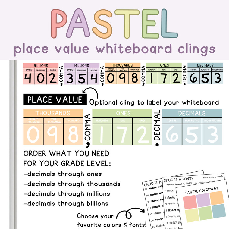 Pastel place value whiteboard cling display on a whiteboard