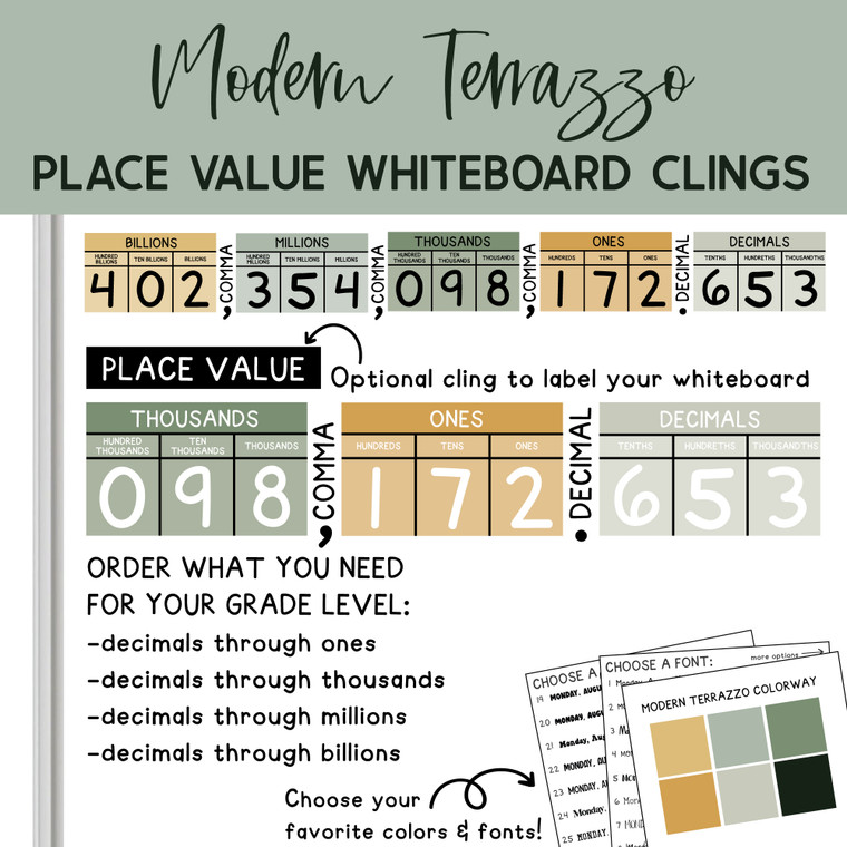 Modern Terrazzo place value whiteboard cling display on a whiteboard