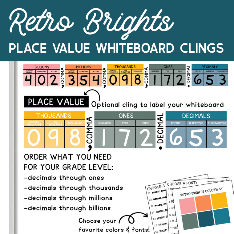 Retro Brights place value whiteboard cling display on a whiteboard