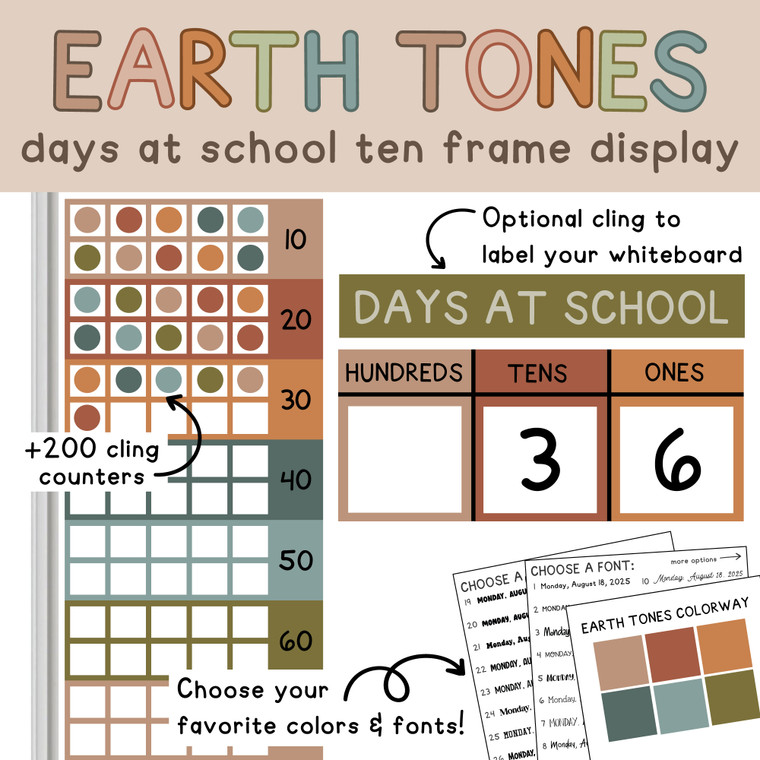 Earth Tones Days at School ten frame display on a whiteboard