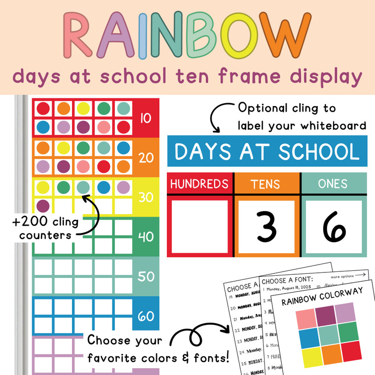 Rainbow Days at School ten frame display on a whiteboard