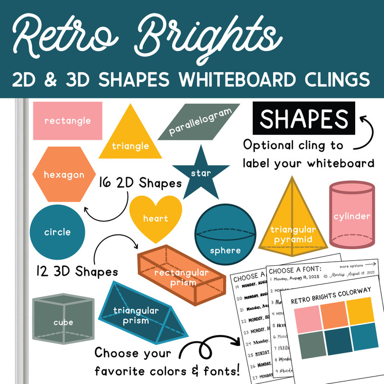 Retro Brights 2D and 3D shapes whiteboard clings on a whiteboard