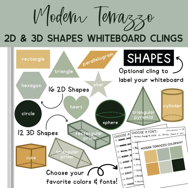 Modern Terrazzo 2D and 3D shapes whiteboard clings on a whiteboard