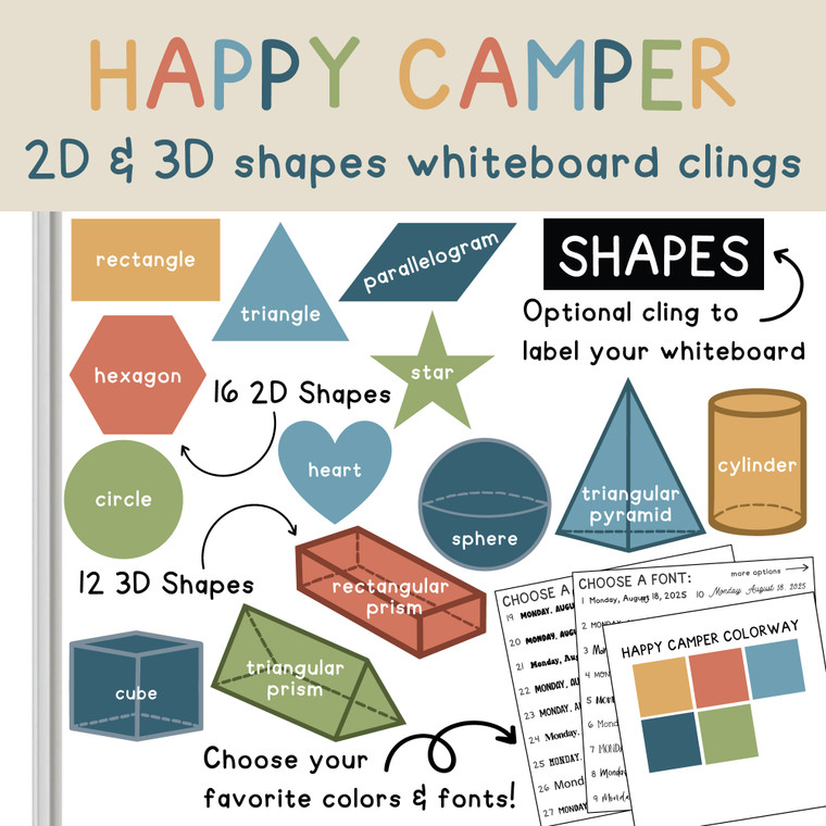 Happy Camper 2D and 3D shapes whiteboard clings on a whiteboard