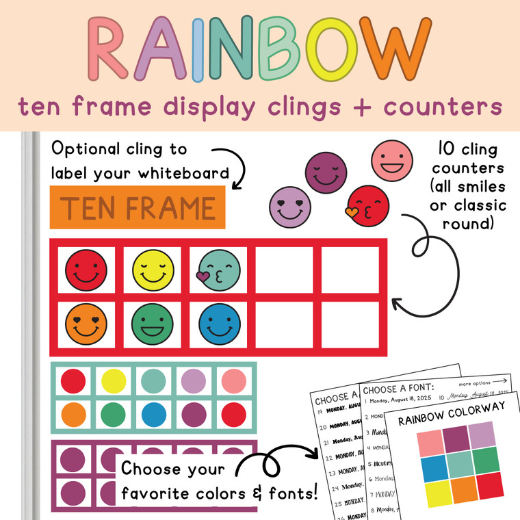 Rainbow ten frame whiteboard cling with counters on a whiteboard