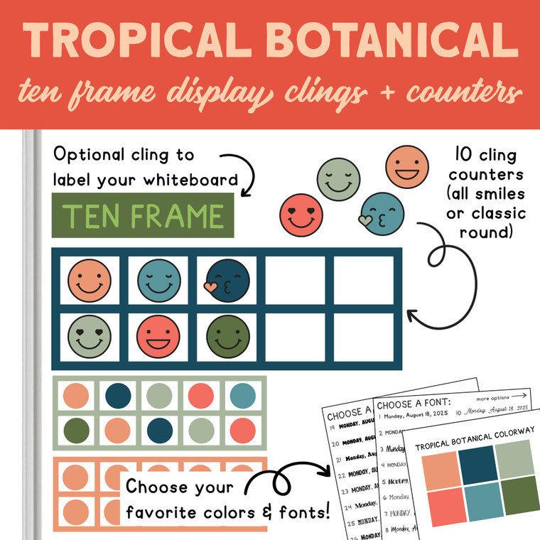 Tropical Botanical ten frame whiteboard cling with counters on a whiteboard