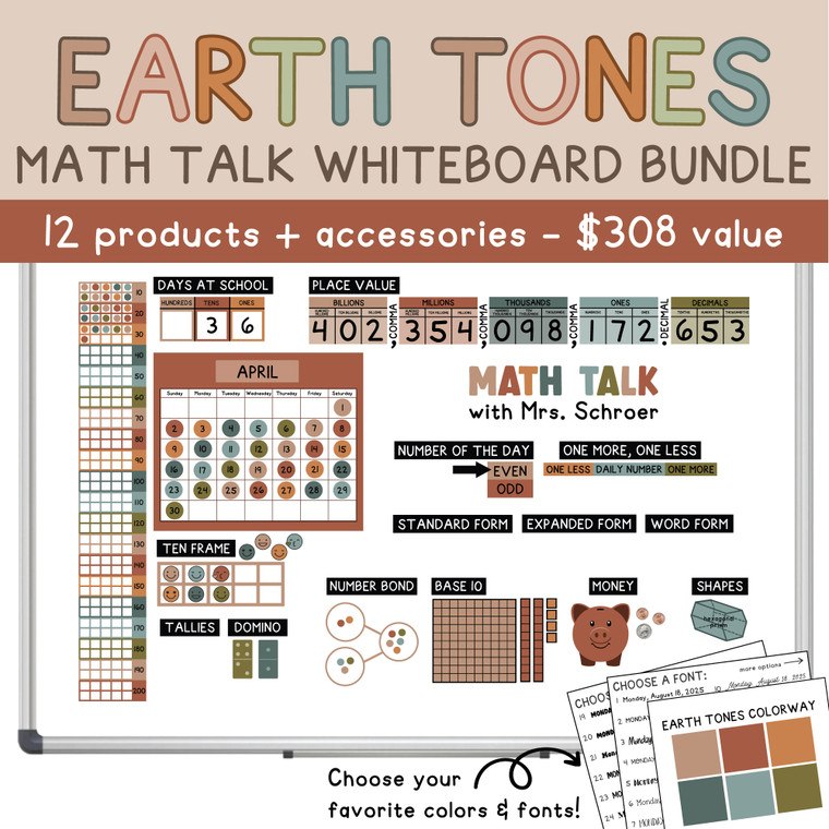 Earth Tones Math Talk Whiteboard Bundle (full whiteboard) with ten frame, place value, base 10, money, and shapes clings