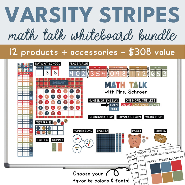 Varsity Stripes Math Talk Whiteboard Bundle (full whiteboard) with ten frame, place value, base 10, money, and shapes clings