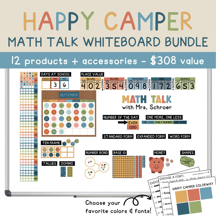 Happy Camper Math Talk Whiteboard Bundle (full whiteboard) with ten frame, place value, base 10, money, and shapes clings