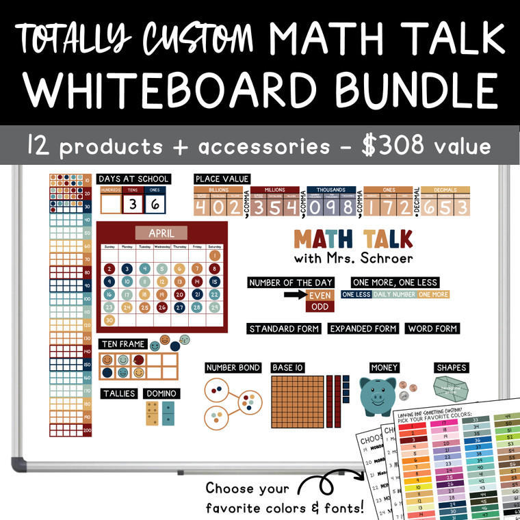 Totally Custom Math Talk Whiteboard Bundle (full whiteboard) with ten frame, place value, base 10, money, and shapes clings