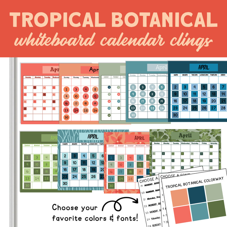 Tropical Botanical whiteboard cling calendar sets for the classroom
