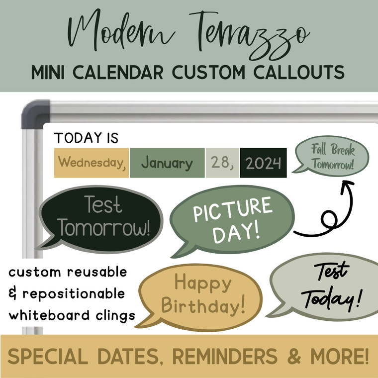 Modern Terrazzo mini calendar callout clings for tests, picture day, and birthdays