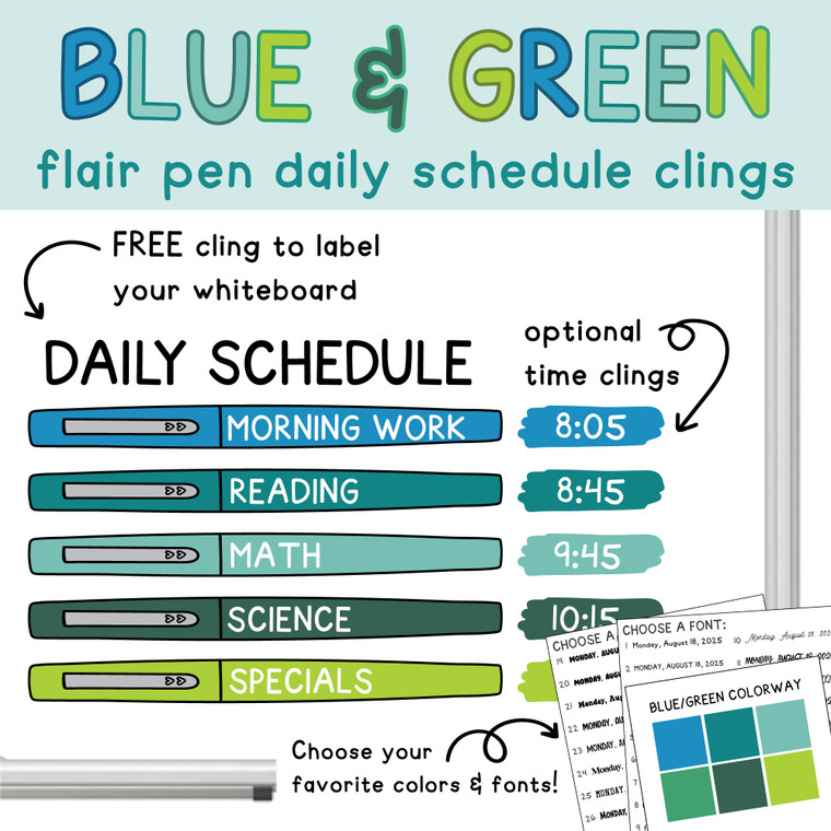 Blue and Green flair pen daily schedule whiteboard clings with a free Daily Schedule header and optional time clings