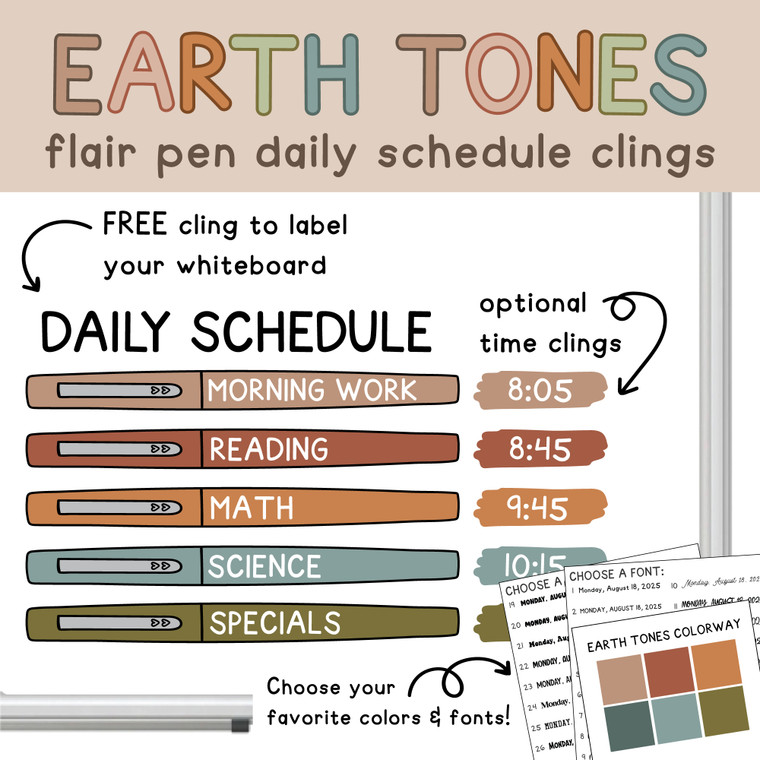 Earth Tones flair pen daily schedule whiteboard clings with a free Daily Schedule header and optional time clings