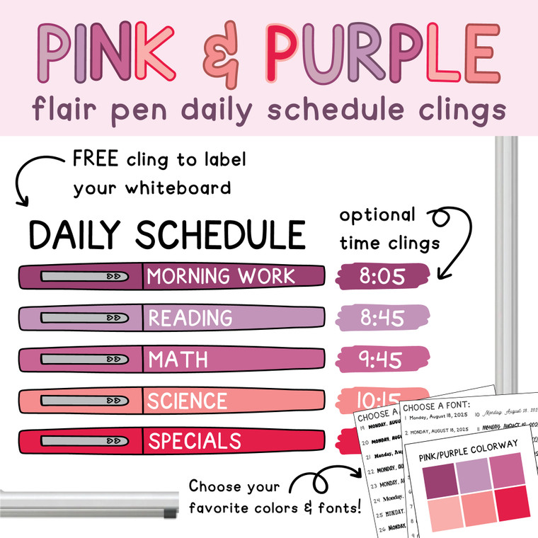 Pink and Purple flair pen daily schedule whiteboard clings with a free Daily Schedule header and optional time clings