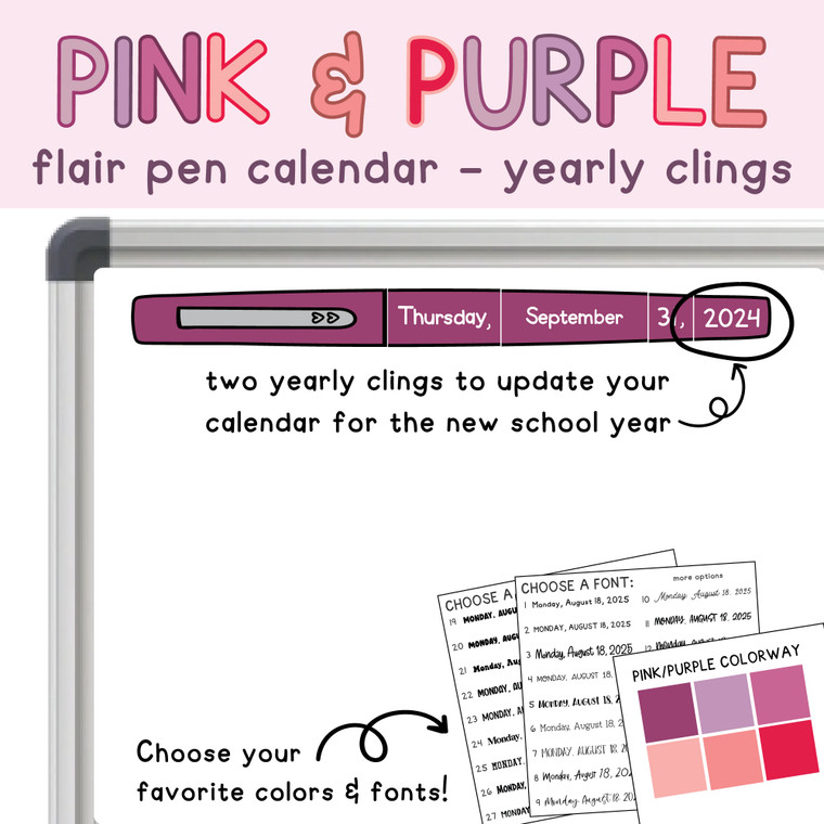 Pink and Purple flair pen calendar year clings updating the date for the new school year