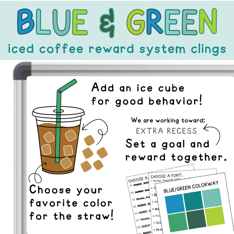 Blue and Green iced coffee reward system clings with ice cubes and a class goal on a whiteboard