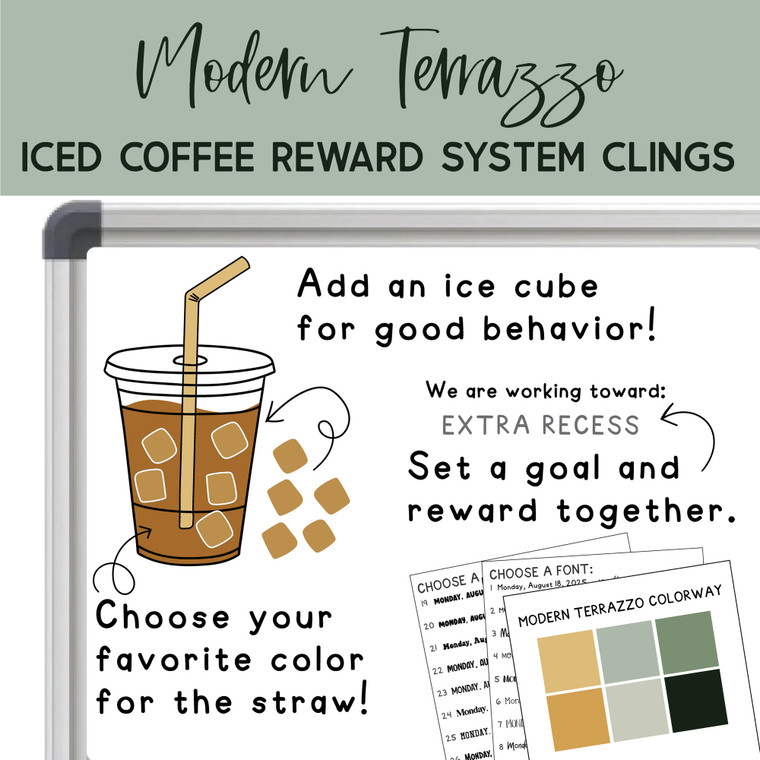 Modern Terrazzo iced coffee reward system clings with ice cubes and a class goal on a whiteboard
