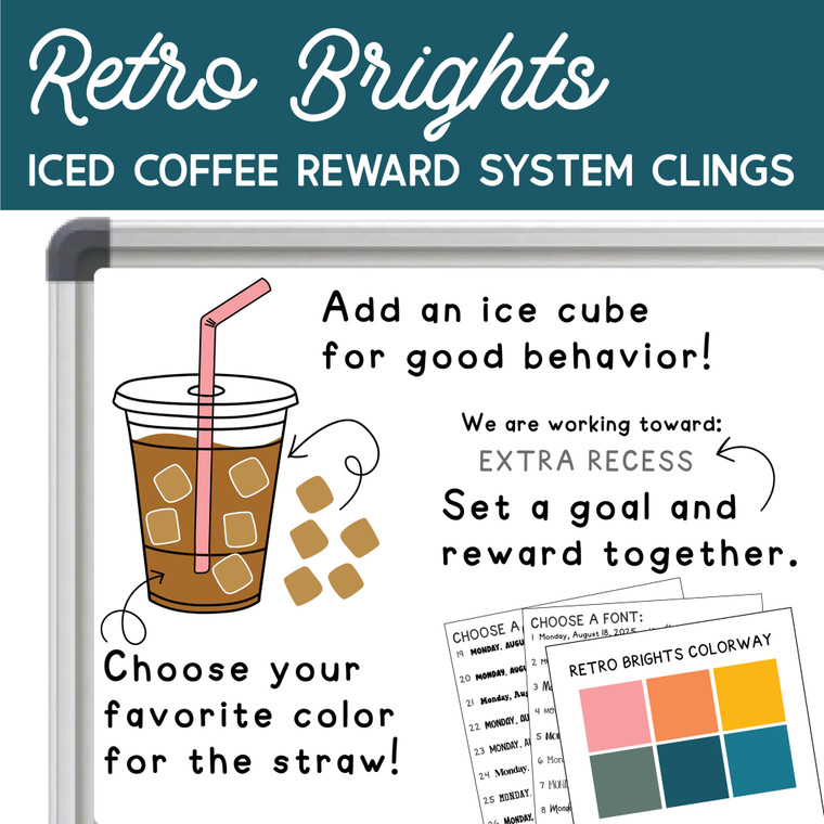 Retro Brights iced coffee reward system clings with ice cubes and a class goal on a whiteboard