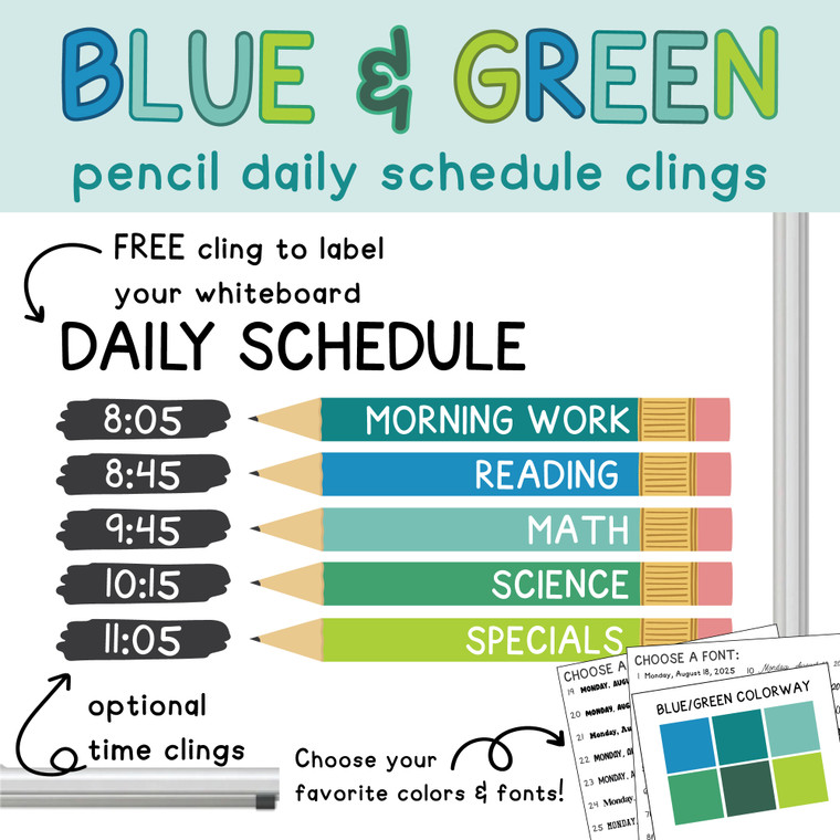 Blue and Green pencil daily schedule whiteboard clings with a free Daily Schedule header and optional time clings