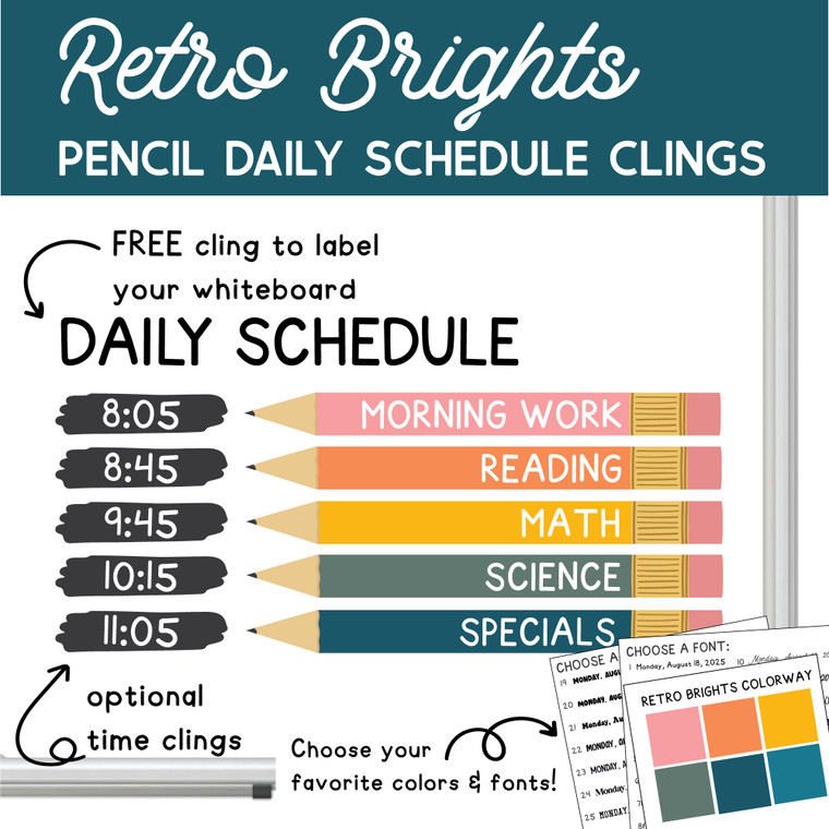 Retro Brights pencil daily schedule whiteboard clings with a free Daily Schedule header and optional time clings