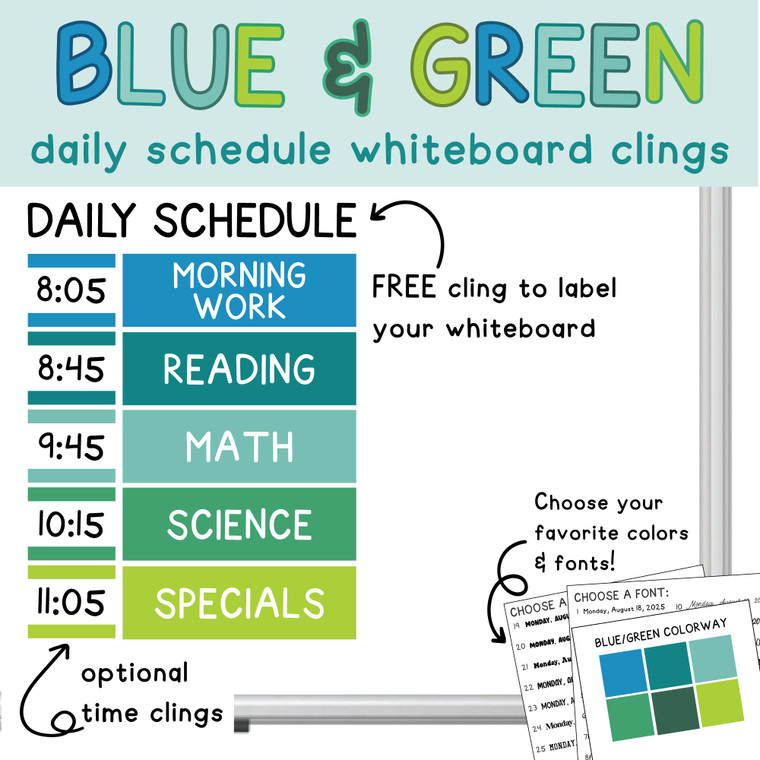 Blue and Green daily schedule whiteboard clings with a free Daily Schedule header and optional time clings